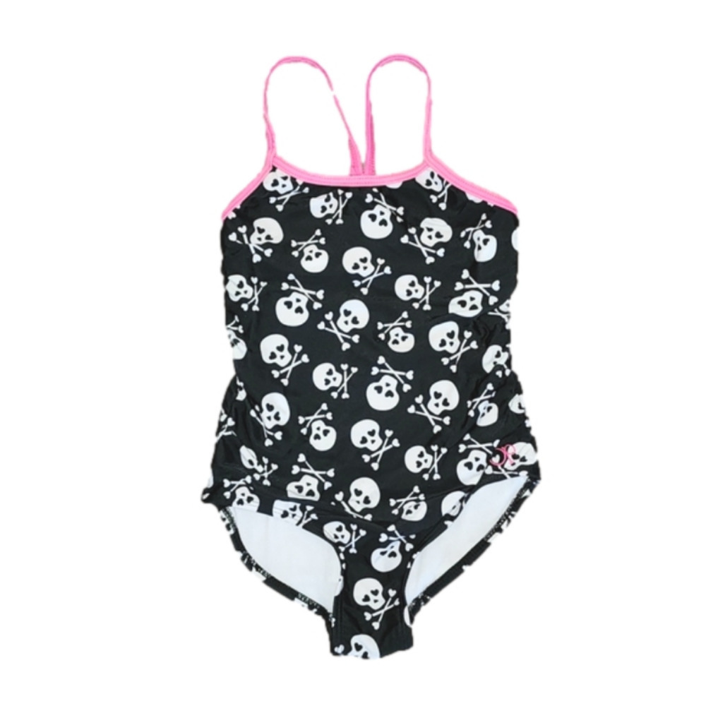 Ocean PACIFIC Black One-Piece Swimsuit with Pink Straps and Skulls Pattern